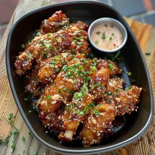 Plate of Bang Bang Chicken garnished with herbs and served with dipping sauce