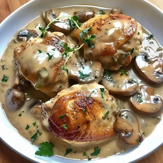 creamy-mushroom-chicken-thighs-2026-03-27-195456 Creamy mushroom chicken thighs served on a plate with herbs