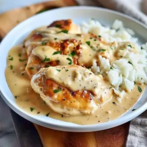 Creamy smothered chicken served over rice in a comforting dish