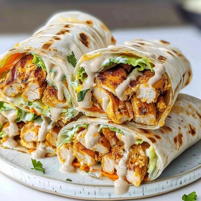 Delicious grilled chicken wraps filled with fresh vegetables and sauces.