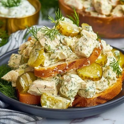 Delicious Dill Pickle Chicken Salad served in a bowl with fresh ingredients.