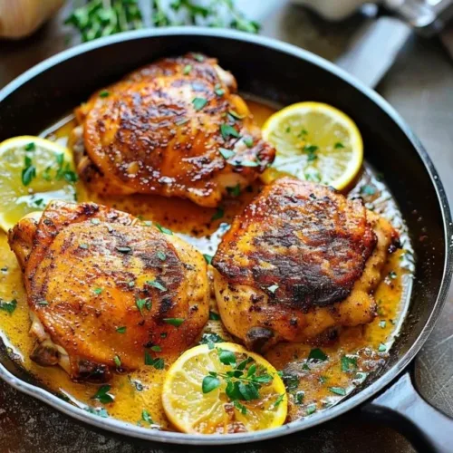 Delicious easy skillet chicken thighs served on a plate
