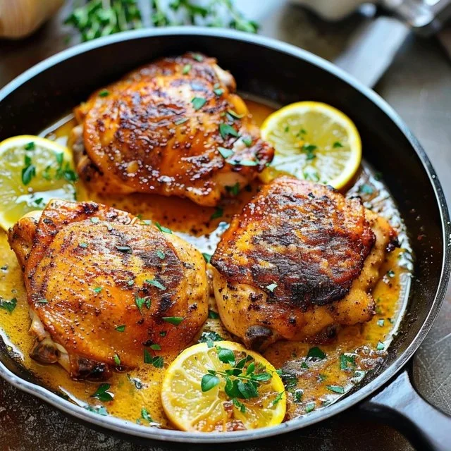 Delicious easy skillet chicken thighs served on a plate