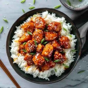 Delicious Firecracker Chicken served with vibrant vegetables