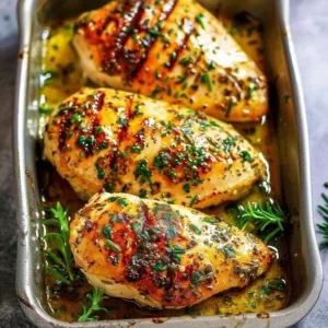 Garlic butter baked chicken breast served with herbs and vegetables