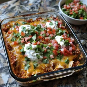 Ground Chicken Taco Casserole served in a baking dish with toppings