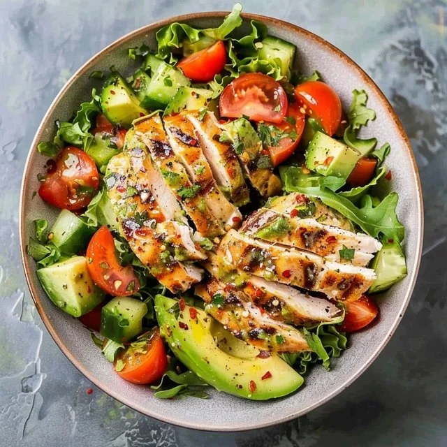 Healthy avocado chicken salad served in a bowl with fresh ingredients
