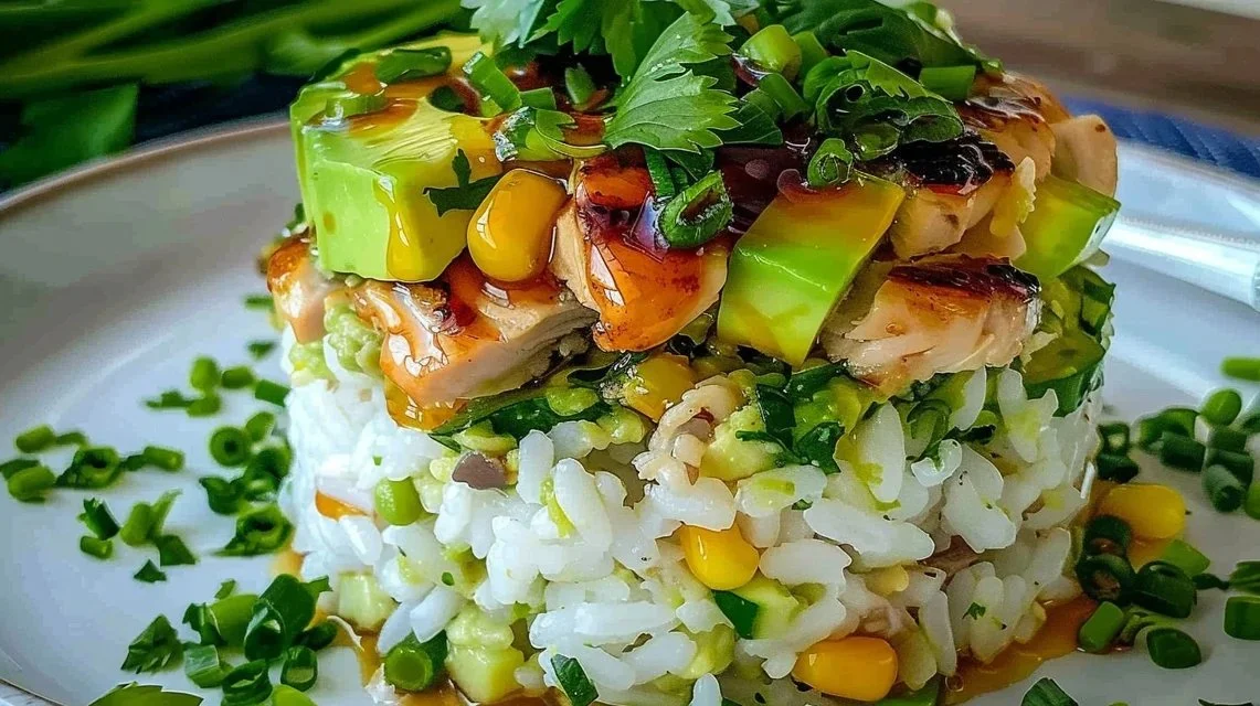 Honey Lime Chicken Avocado Rice Stack