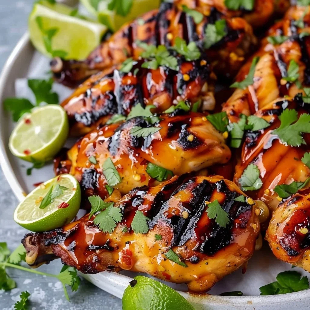 Grilled spicy honey lime chicken garnished with lime and cilantro