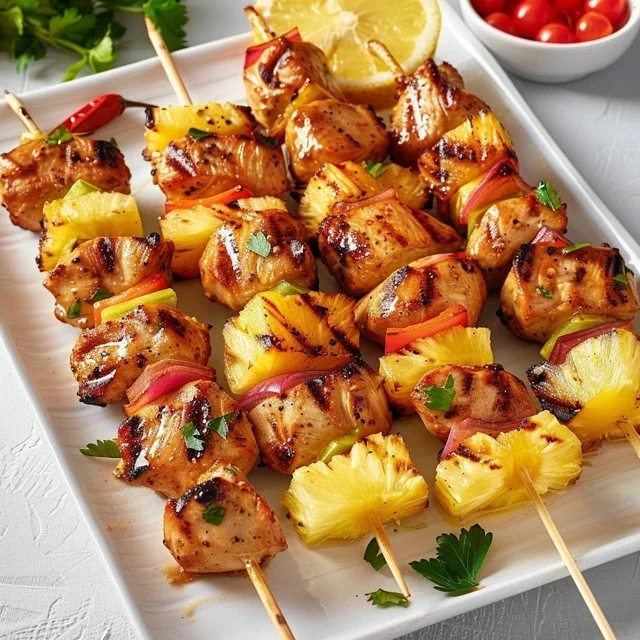 Pineapple Chicken Kabobs grilled to perfection with colorful vegetables