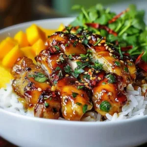 Plate of Asian Mango Glazed Chicken garnished with herbs and served with rice.