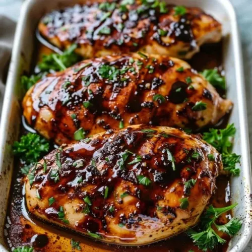 Delicious Balsamic Baked Chicken served with herbs and vegetables