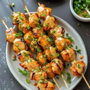 Delicious Bang Bang Chicken Skewers drizzled with spicy sauce