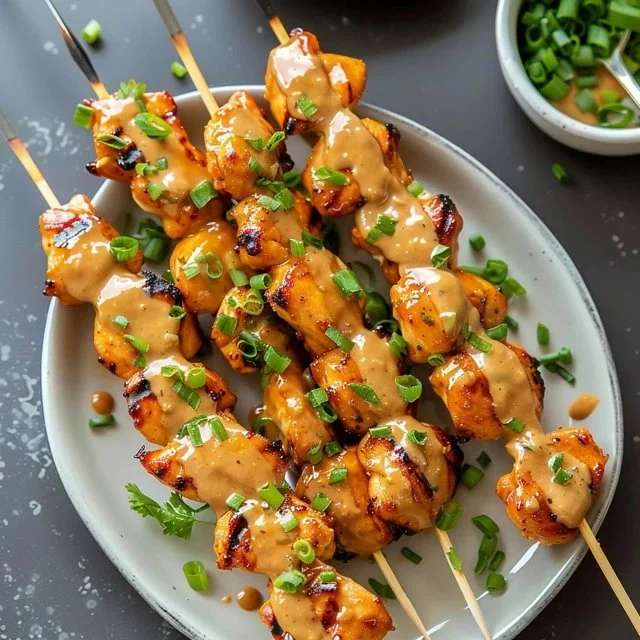 Delicious Bang Bang Chicken Skewers drizzled with spicy sauce