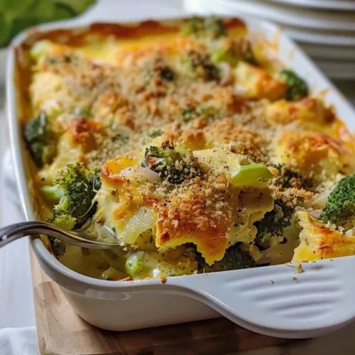 A delicious rotisserie chicken casserole topped with cheese and vegetables.