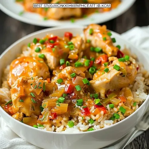 Delicious plate of smothered chicken served with rice, garnished with herbs