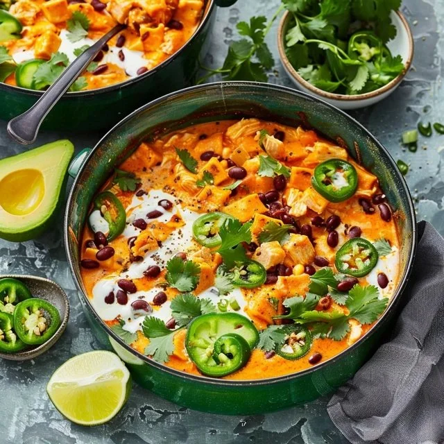 Bowl of delicious Chicken Enchilada Soup topped with cheese and herbs