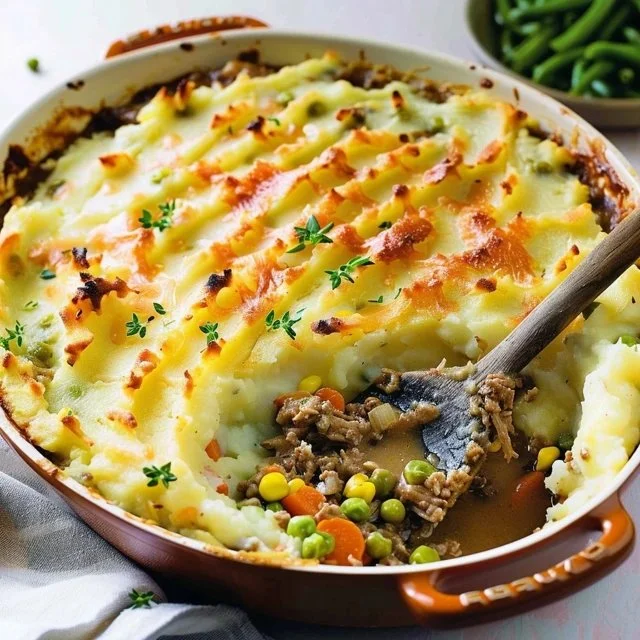 Delicious Chicken Shepherd's Pie topped with creamy mashed potatoes