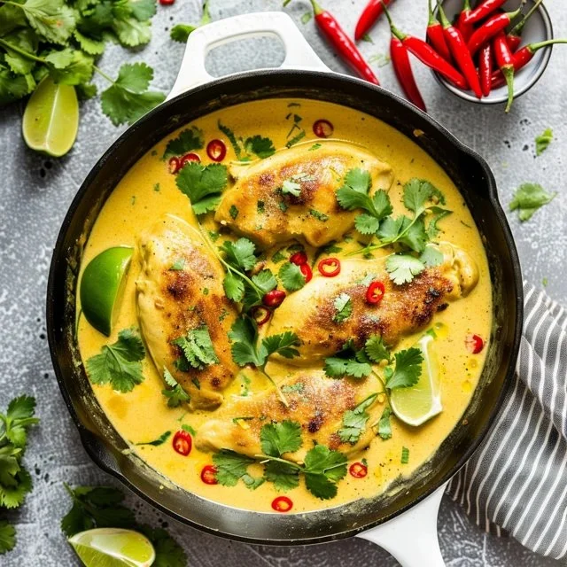 Delicious Coconut Lime Chicken served with fresh herbs and lime wedges