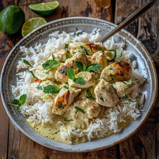 Dish of Coconut Lime Chicken served with rice garnished with lime slices.