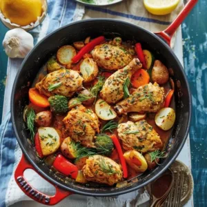 Colorful and healthy one-pot chicken and veggie dish prepared in a single pot.