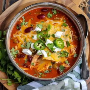 Bowl of creamy chicken enchilada soup garnished with cilantro and cheese