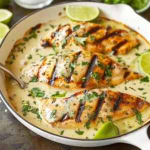 Creamy coconut lime chicken dish garnished with fresh herbs and lime slices.