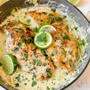 Creamy coconut lime chicken served with fresh herbs and lime wedges