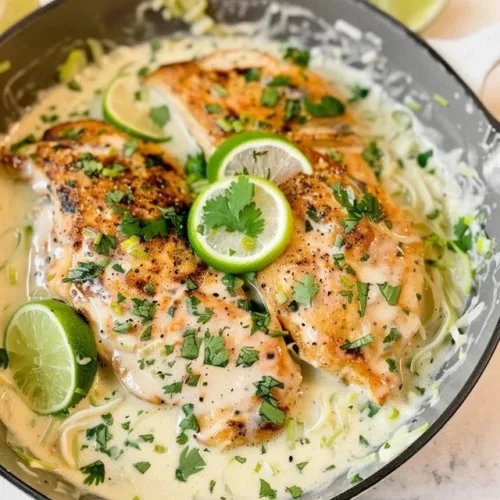Creamy coconut lime chicken served with fresh herbs and lime wedges
