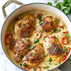 A bowl of creamy coconut milk chicken garnished with fresh herbs.