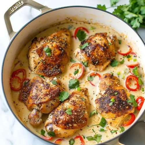 A bowl of creamy coconut milk chicken garnished with fresh herbs.