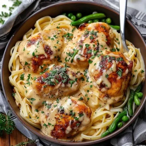 Creamy garlic chicken dinner with herbs and vegetables