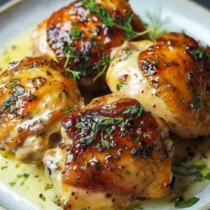 Creamy garlic chicken thighs garnished with herbs on a plate