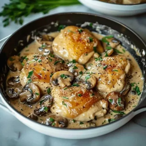 Creamy garlic mushroom chicken thighs served on a plate