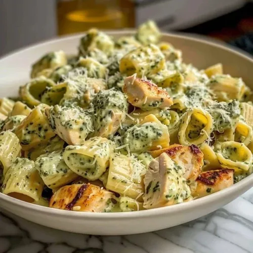 Creamy pesto chicken pasta bake with fresh basil and cheese