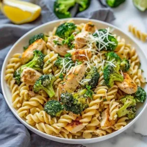 Creamy rotisserie chicken pasta served in a bowl, garnished with herbs.