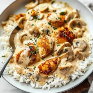Creamy smothered chicken served with fluffy rice on a plate