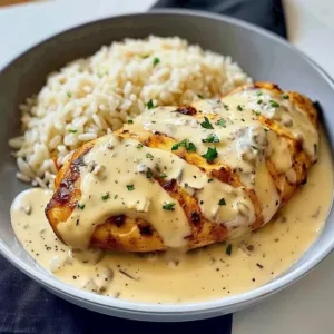Creamy smothered chicken served with rice on a plate