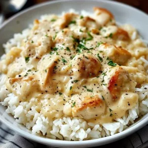 Creamy smothered chicken served over rice in a delicious sauce