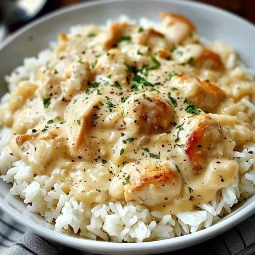 Creamy smothered chicken served over rice in a delicious sauce
