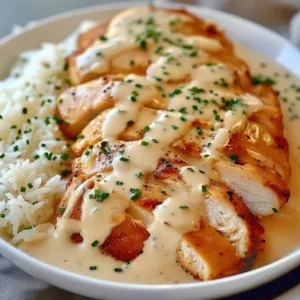 Delicious creamy smothered chicken served over fluffy rice.
