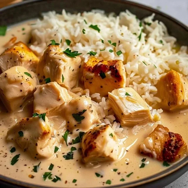 Creamy smothered chicken served over rice, garnished with herbs.