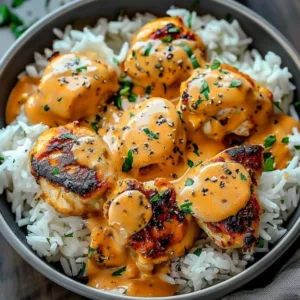 Plate of creamy smothered chicken served with rice, garnished with herbs