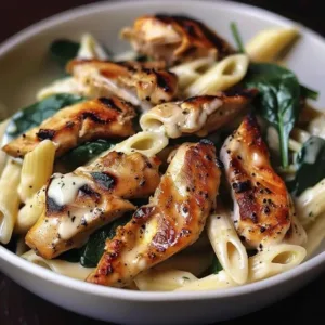 Creamy spinach chicken pasta served in a bowl with a sprinkle of cheese.