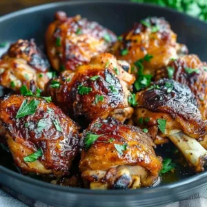 Crispy baked chicken thighs served with herbs and spices on a plate