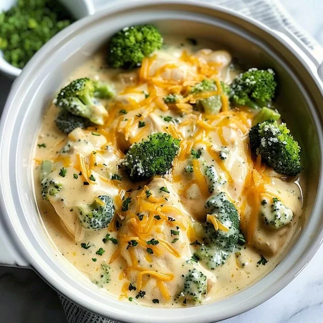 Crockpot creamy broccoli cheddar chicken dish with garnish on a wooden table