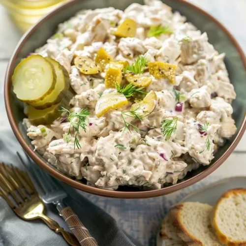 A bowl of Dill Pickle Chicken Salad with fresh herbs and pickles.