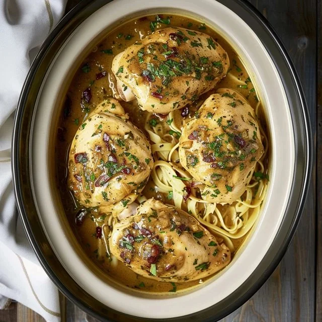 Delicious Easy Crockpot Marry Me Chicken served with creamy sauce and herbs