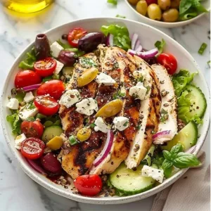 A vibrant easy Greek salad with chicken, featuring tomatoes, cucumbers, feta, and olives.