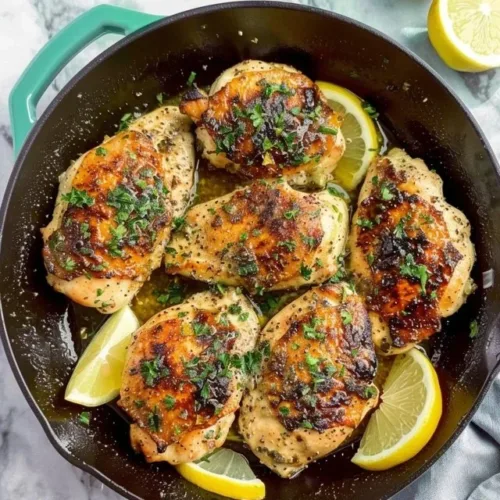 Delicious easy lemon chicken recipe served on a plate with herbs and lemon slices